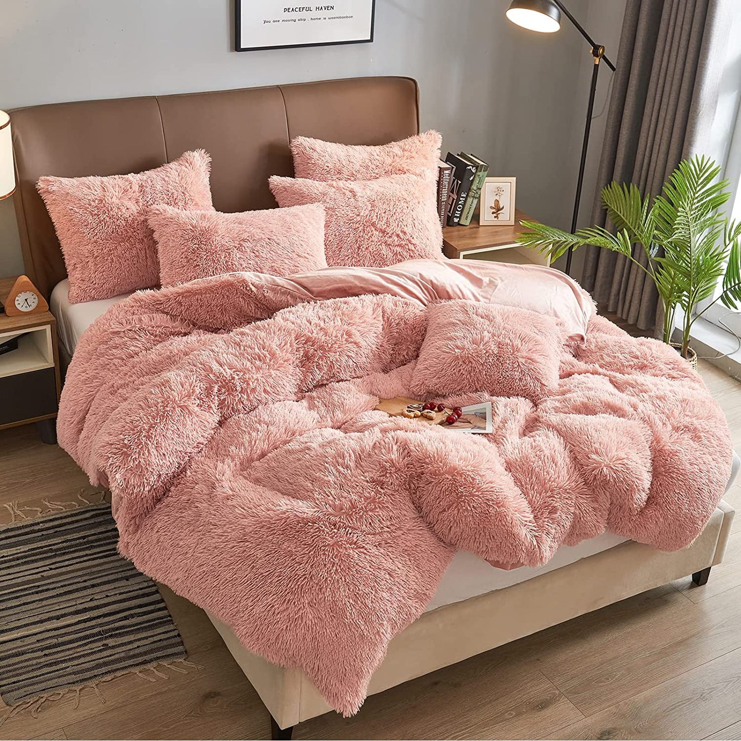 Luxury Fluffy Fuzzy Queen Bedding Comforter Set,4 Pieces Shaggy Duvet Cover Set,Furry Plush Velvet Comforter Cover with Zip Closure,Queen,Green