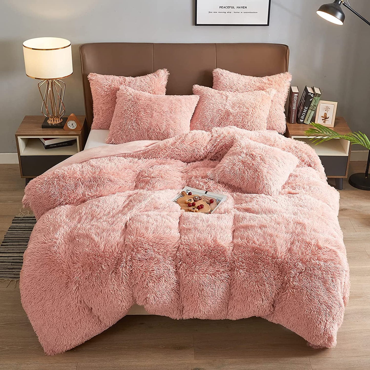 Luxury Fluffy Fuzzy Queen Bedding Comforter Set,4 Pieces Shaggy Duvet Cover Set,Furry Plush Velvet Comforter Cover with Zip Closure,Queen,Green