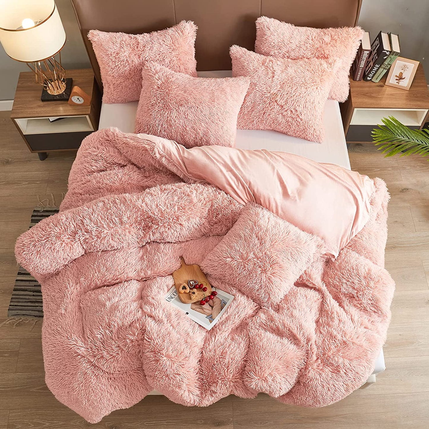 Luxury Fluffy Fuzzy Queen Bedding Comforter Set,4 Pieces Shaggy Duvet Cover Set,Furry Plush Velvet Comforter Cover with Zip Closure,Queen,Green