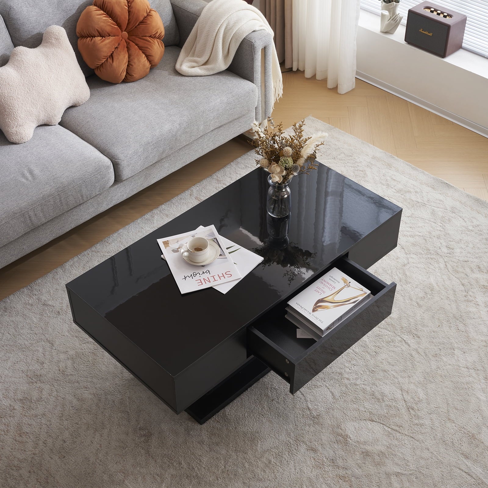 Modern Coffee Table with LED Light, Faux Marble High Glossy Coffee End Table with Open Storage for Living Room 47.2" Gray