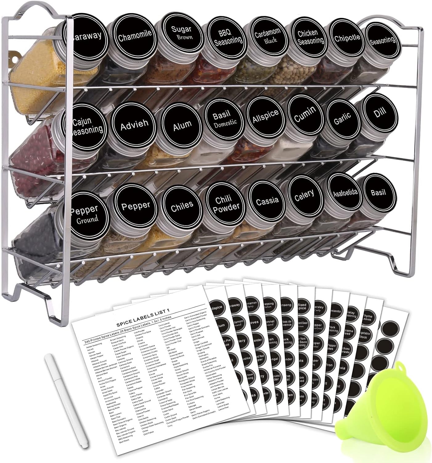 Spice Rack Organizer with 24 Empty Square Spice Jars, 396 Spice Labels with Chalk Marker and Funnel Complete Set, for Countertop, Cabinet or Wall Mount,Silver