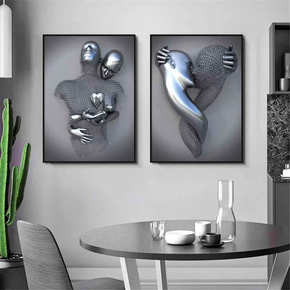 Bedroom Wall Decor, Romantic Couple Living Room Canvas Wall Art, Love Heart 3D Metal Sculpture Effect, Black and White Modern Abstract Lovers Painting Picture Poster Prints for Bathroom Hotel