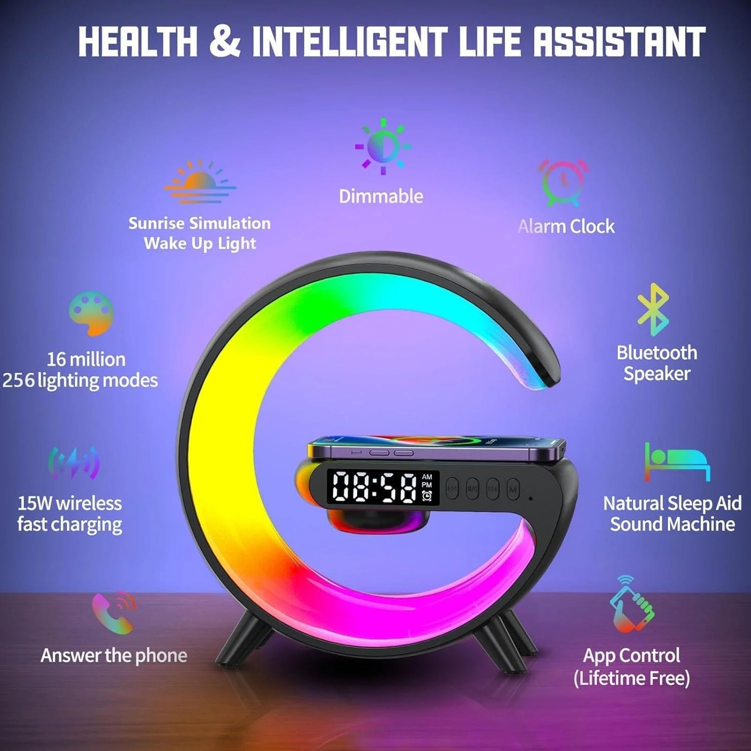 G-Shaped Alarm Clock, LED Lamp Smart G Bluetooth Speaker Wireless Fast Charger RGB Alarm Clock Atmosphere Night Light, Black