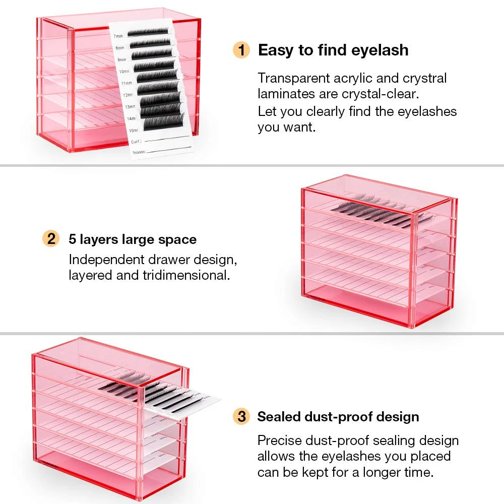 False Eyelashes Storage Box 5 Layers Acrylic Pallet Individual Lash Volume Display Stand Holder for Makeup Lash Extension Tools