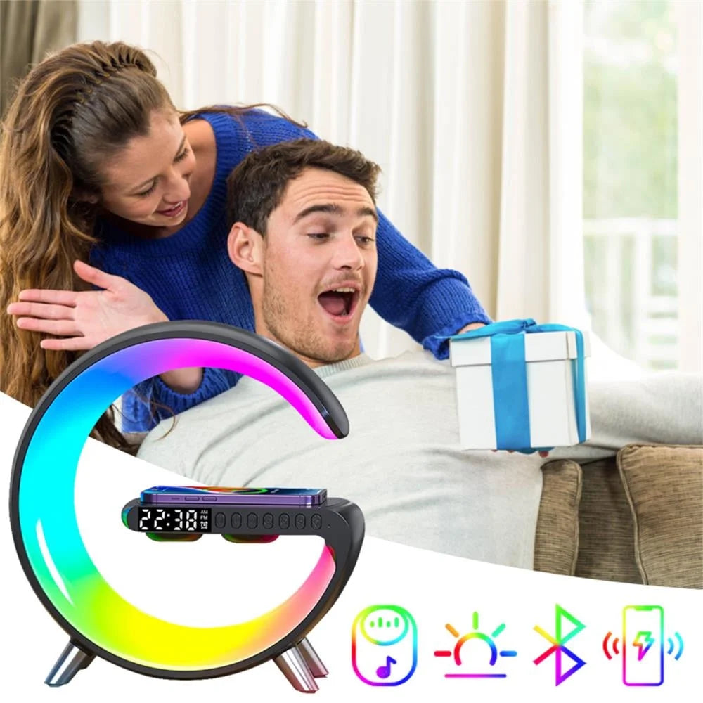 G-Shaped Alarm Clock, LED Lamp Smart G Bluetooth Speaker Wireless Fast Charger RGB Alarm Clock Atmosphere Night Light, Black