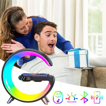 G-Shaped Alarm Clock, LED Lamp Smart G Bluetooth Speaker Wireless Fast Charger RGB Alarm Clock Atmosphere Night Light, Black