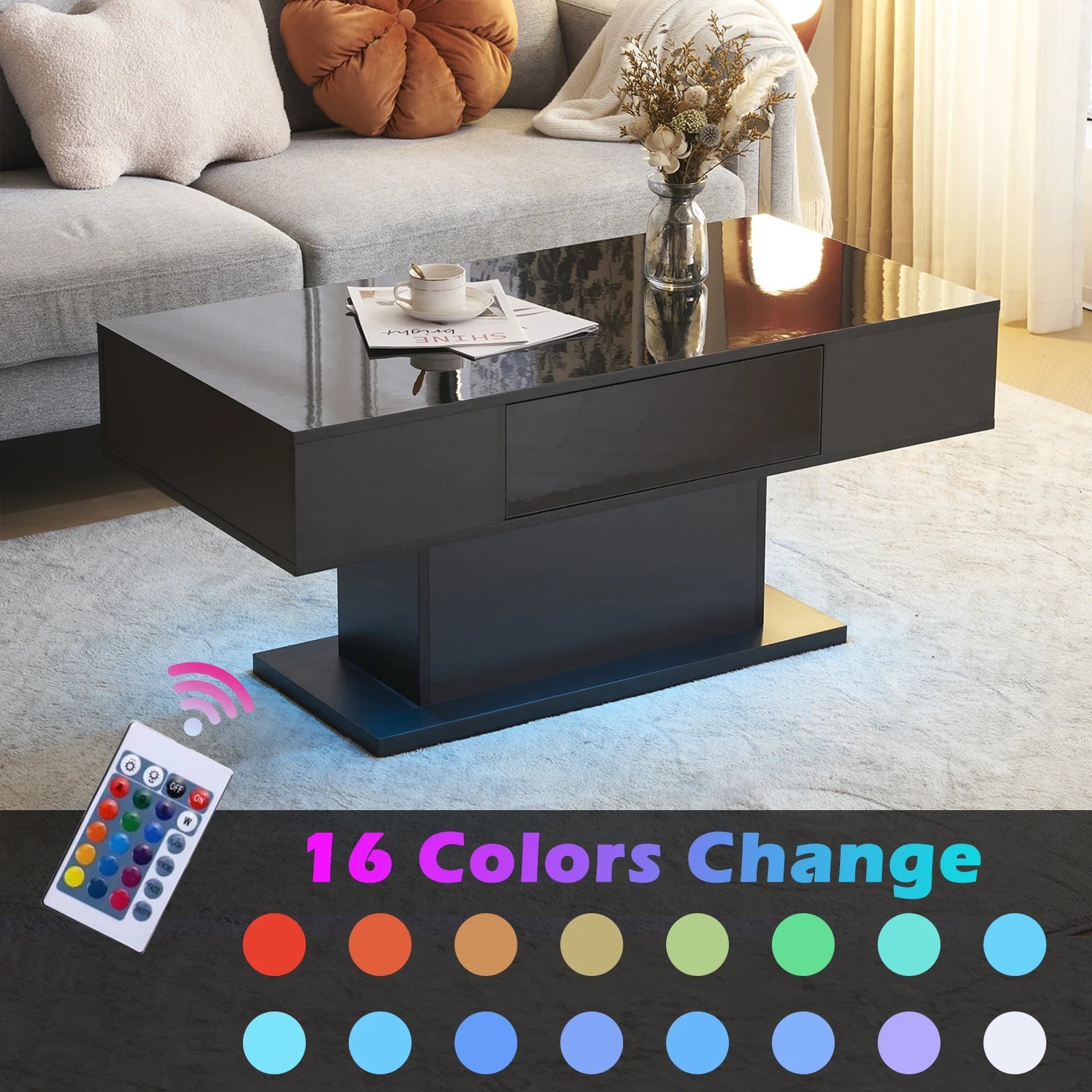 Modern Coffee Table with LED Light, Faux Marble High Glossy Coffee End Table with Open Storage for Living Room 47.2" Gray