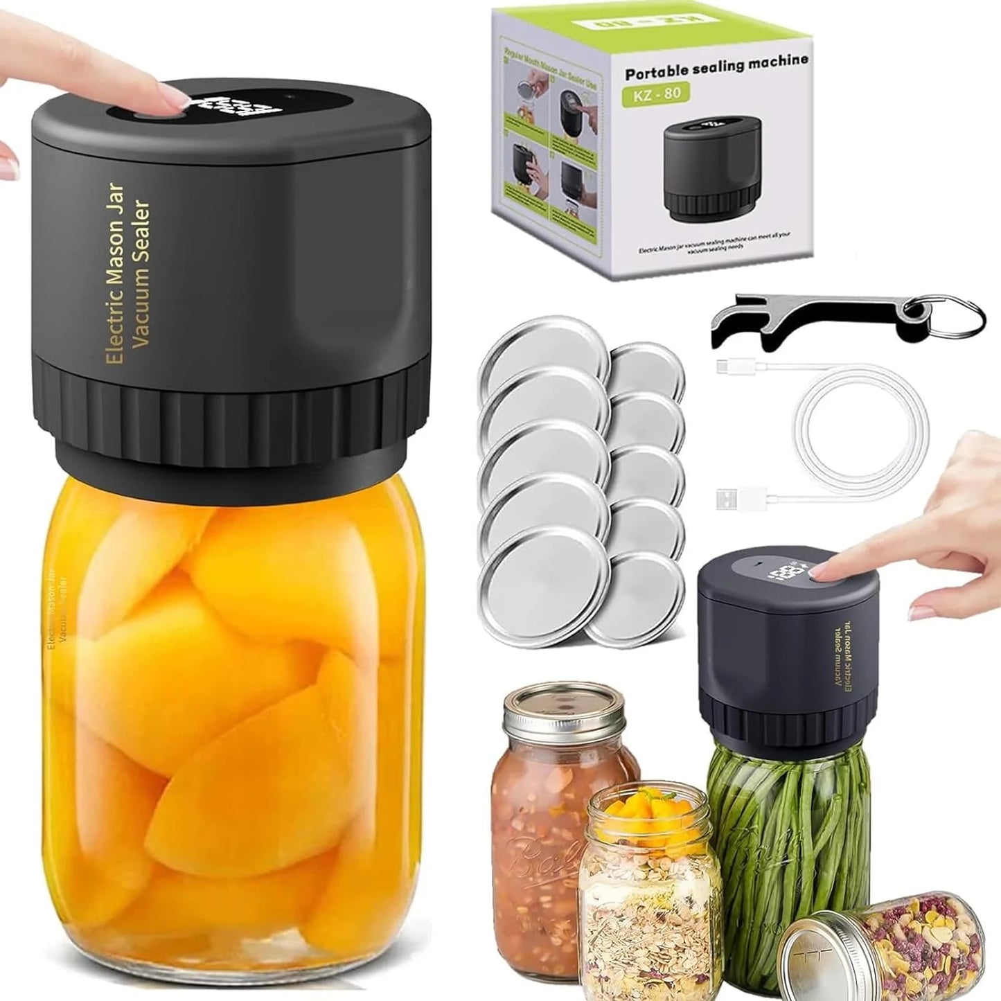 Mason Jar Vacuum Sealer Kit: Electric Jars Vacuum Sealer with Canning Attachment - Handheld Vacuum Sealing Containers - Fits Wide & Regular Mouth Mason Lids - Compatible with Food Saver Storage