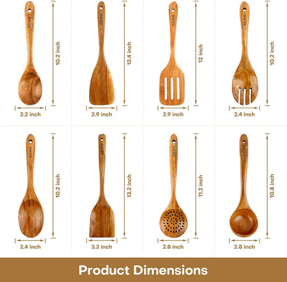 Wooden Spoons for Cooking,Nonstick Kitchen Utensil Set,Wooden Spoons Cooking Utensil Set Non Scratch Natural Teak Wooden Utensils for Cooking(Teak 8 Pack)