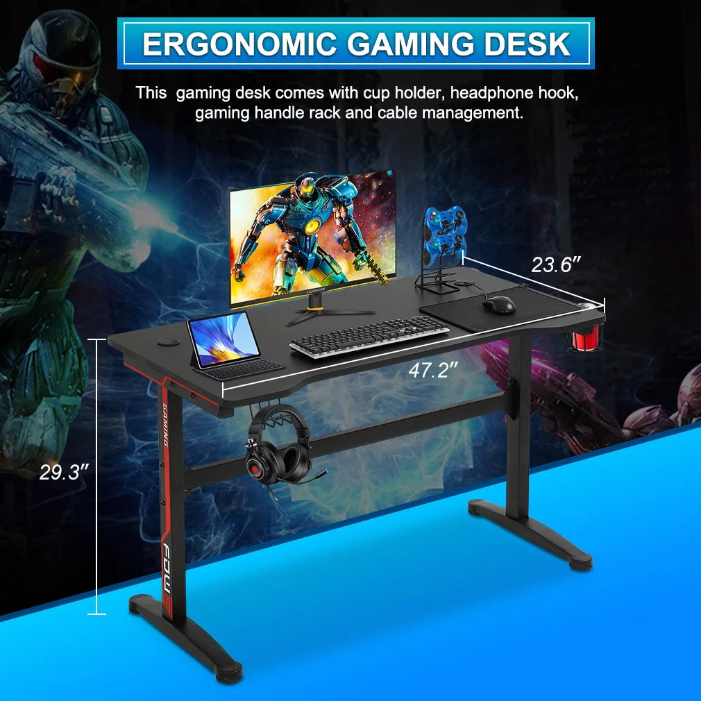 Gaming Desk Computer Desk 47.2 Inches Writing Desk Ofiice Desk Student PC Desk Extra Large Modern Ergonomic Racing Style Table Workstation Carbon Fiber Cup Holder Headphone Hook