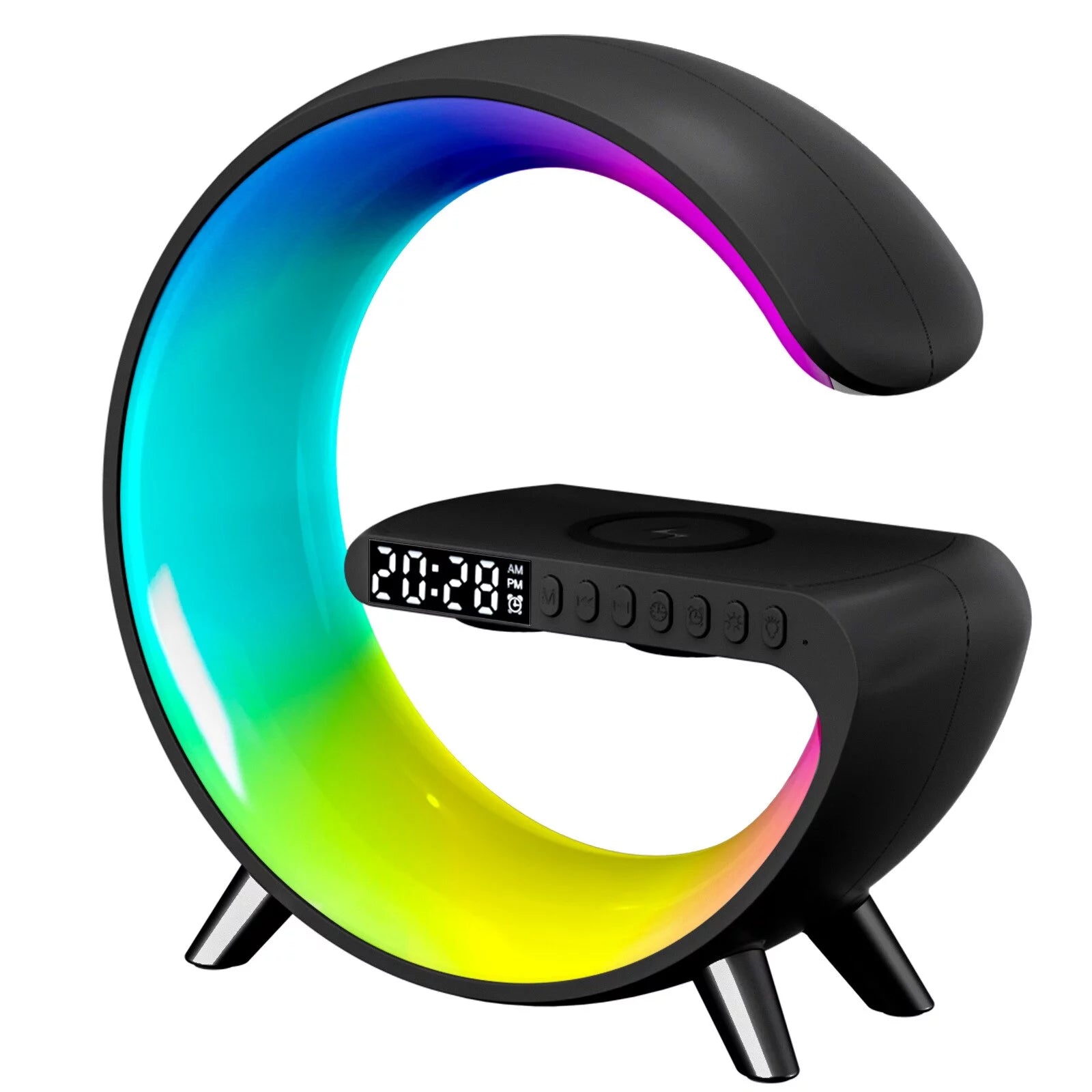 G-Shaped Alarm Clock, LED Lamp Smart G Bluetooth Speaker Wireless Fast Charger RGB Alarm Clock Atmosphere Night Light, Black