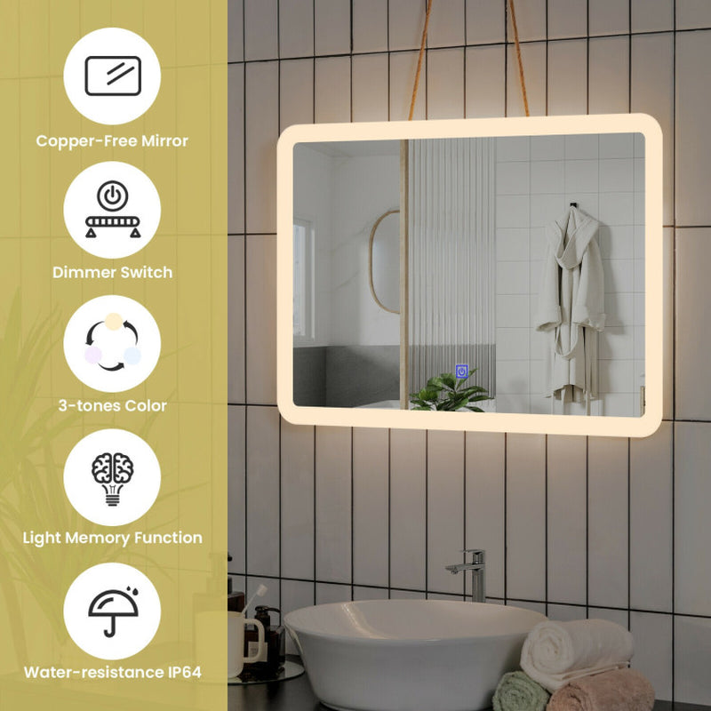 LED Wall-Mounted Bathroom Rounded Arc Corner Mirror with Touch