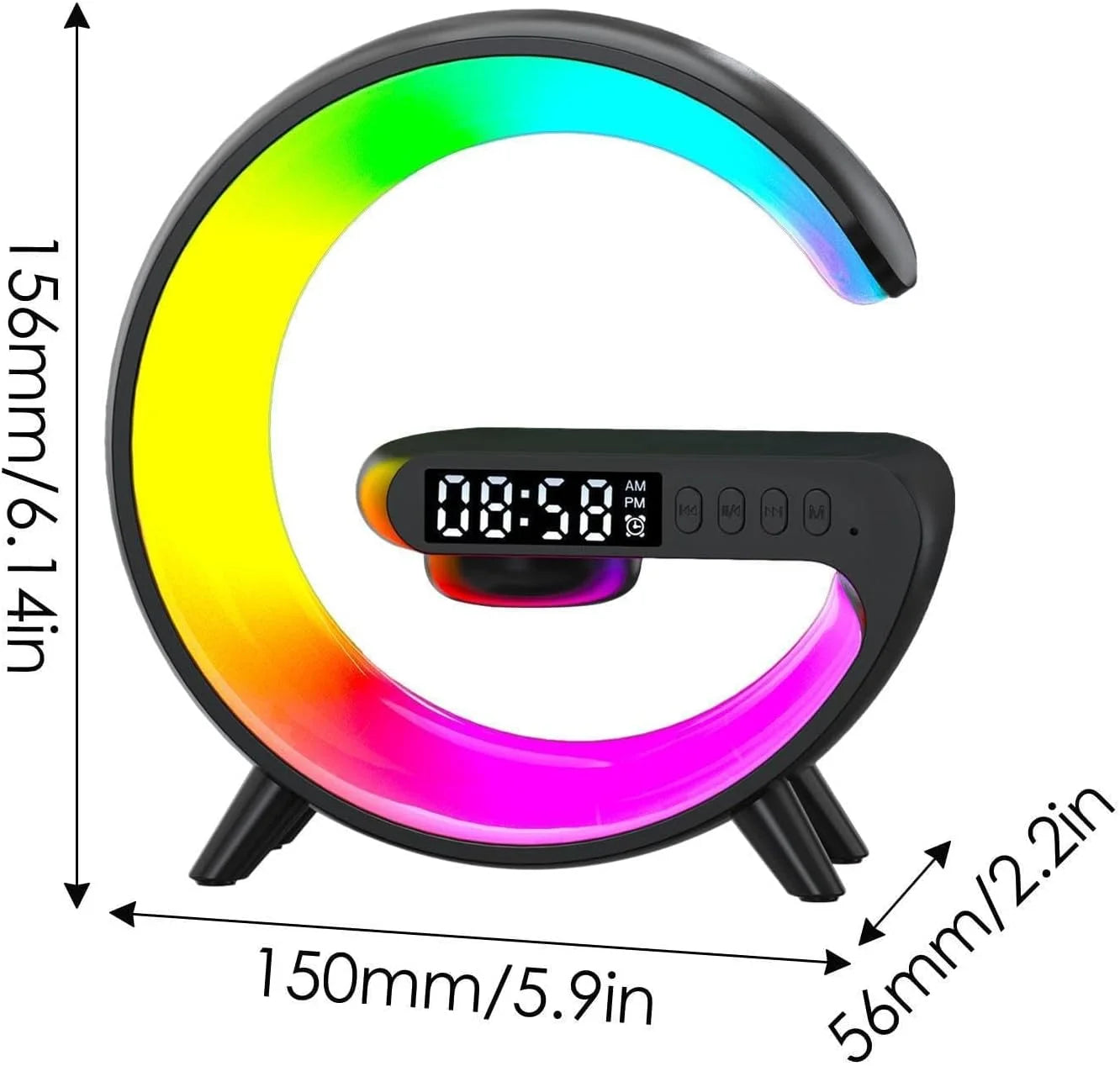 G-Shaped Alarm Clock, LED Lamp Smart G Bluetooth Speaker Wireless Fast Charger RGB Alarm Clock Atmosphere Night Light, Black