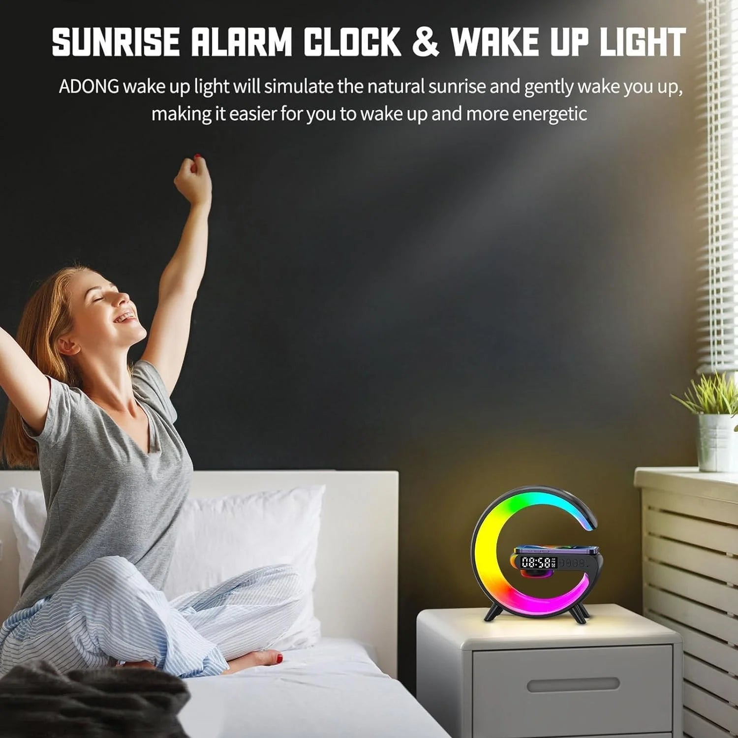 G-Shaped Alarm Clock, LED Lamp Smart G Bluetooth Speaker Wireless Fast Charger RGB Alarm Clock Atmosphere Night Light, Black