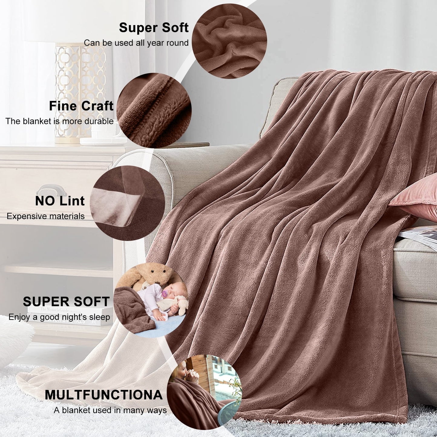 Throw Blanket, Throw Size Coffee Blankets & Throws for Couch/Beds, Fuzzy and Cozy Blanket,50X60 Inches