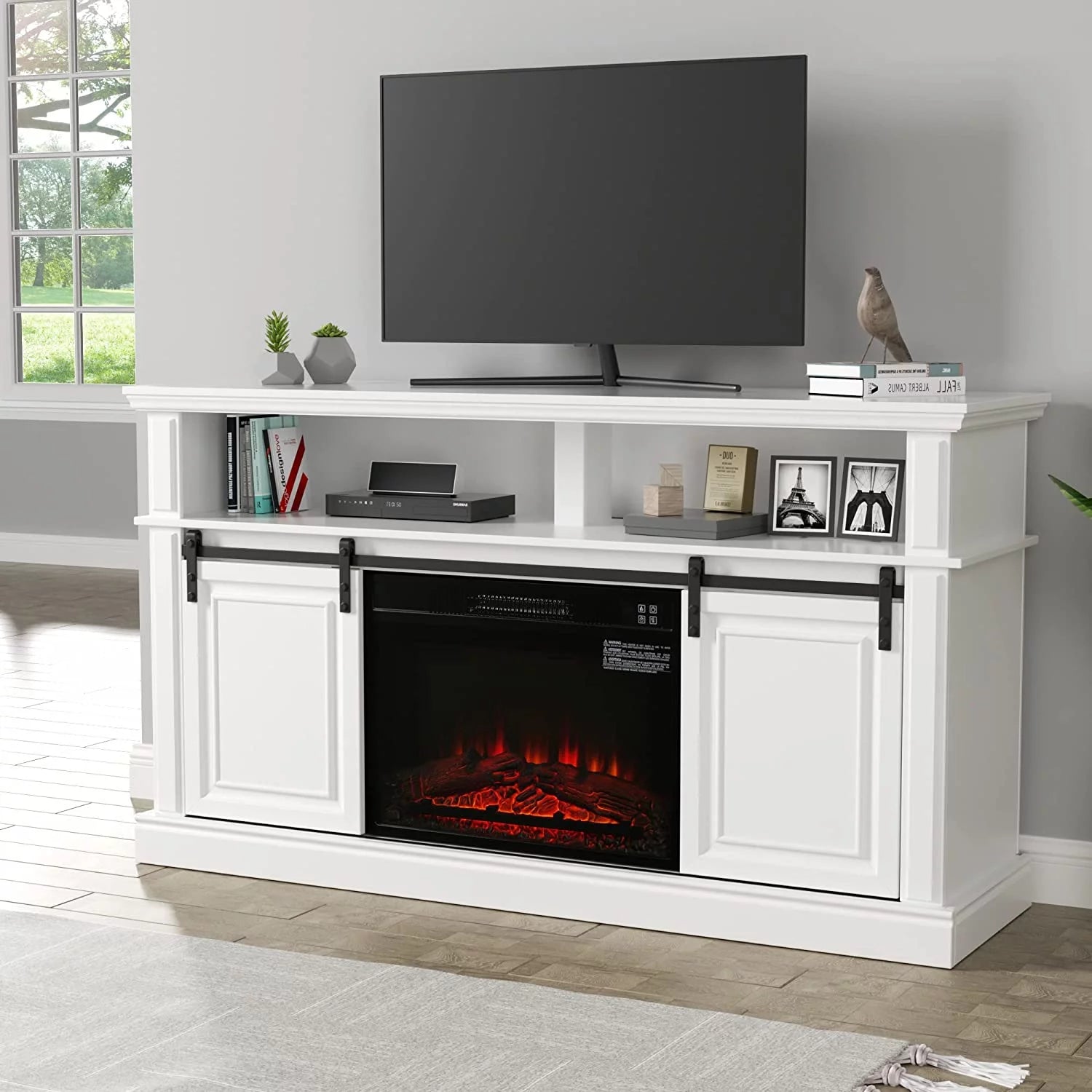 Fireplace TV Stand, Modern Farmhouse Wood Entertainment Center for 65" TV