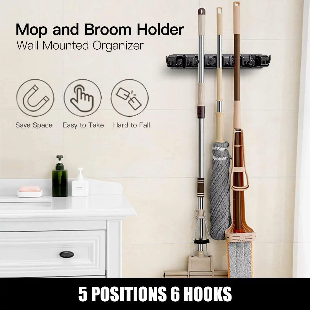 Mop Broom Holder Wall Mount, Plastic Broom Organizer Wall Mount, Organizations and Storage with Hooks Heavy Duty, Garden Kitchen Tool Organizer for Home Cleaning Supplies (5 Positions & Black)