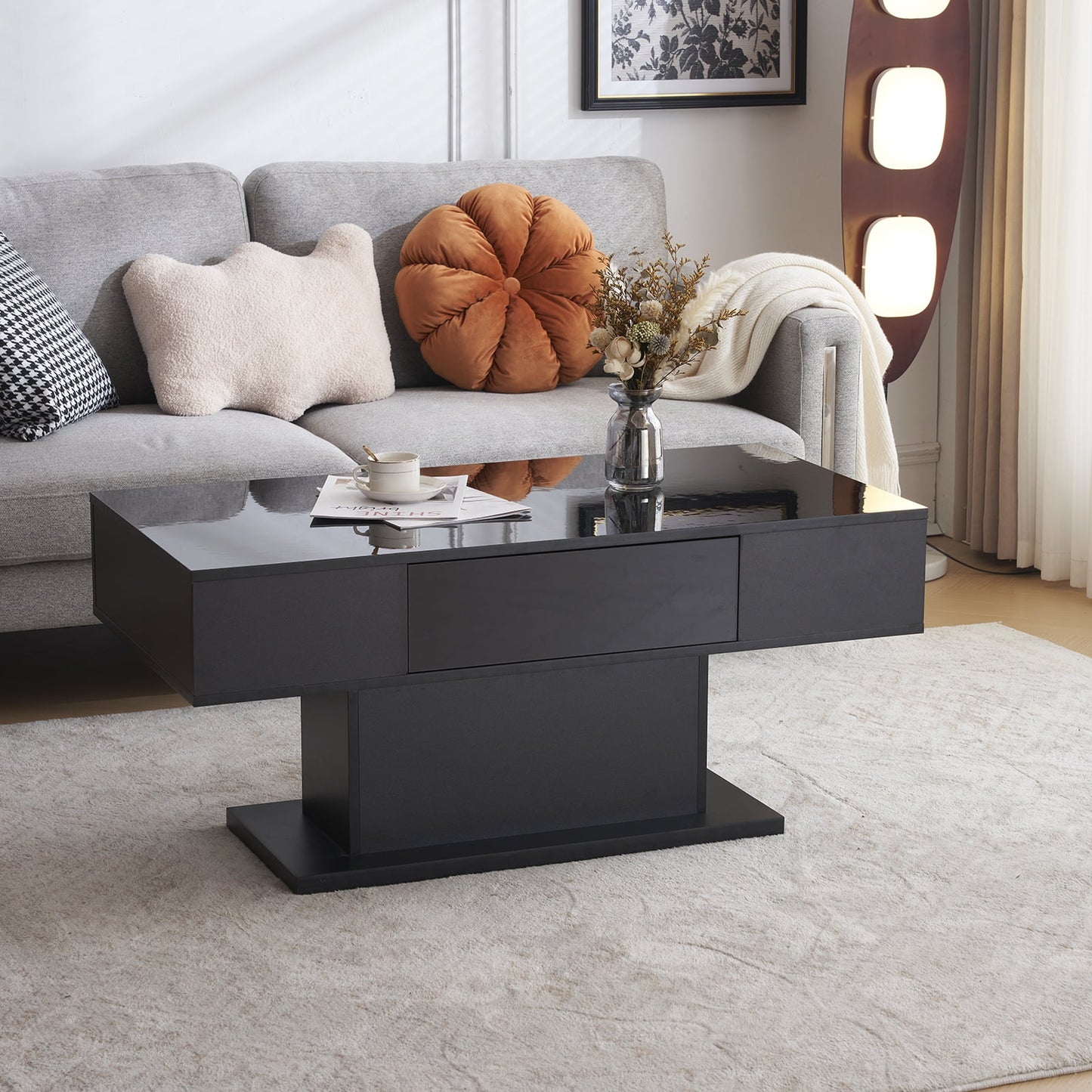 Modern Coffee Table with LED Light, Faux Marble High Glossy Coffee End Table with Open Storage for Living Room 47.2" Gray