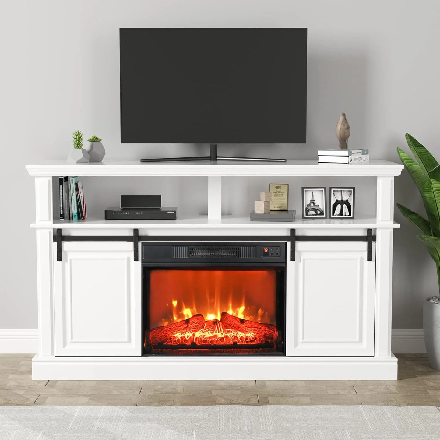 Fireplace TV Stand, Modern Farmhouse Wood Entertainment Center for 65" TV