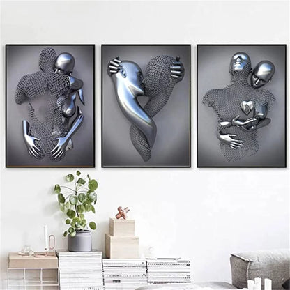 Bedroom Wall Decor, Romantic Couple Living Room Canvas Wall Art, Love Heart 3D Metal Sculpture Effect, Black and White Modern Abstract Lovers Painting Picture Poster Prints for Bathroom Hotel