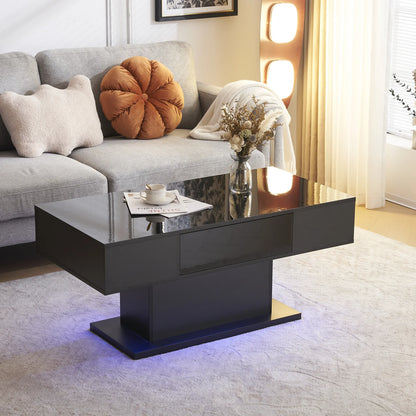 Modern Coffee Table with LED Light, Faux Marble High Glossy Coffee End Table with Open Storage for Living Room 47.2" Gray