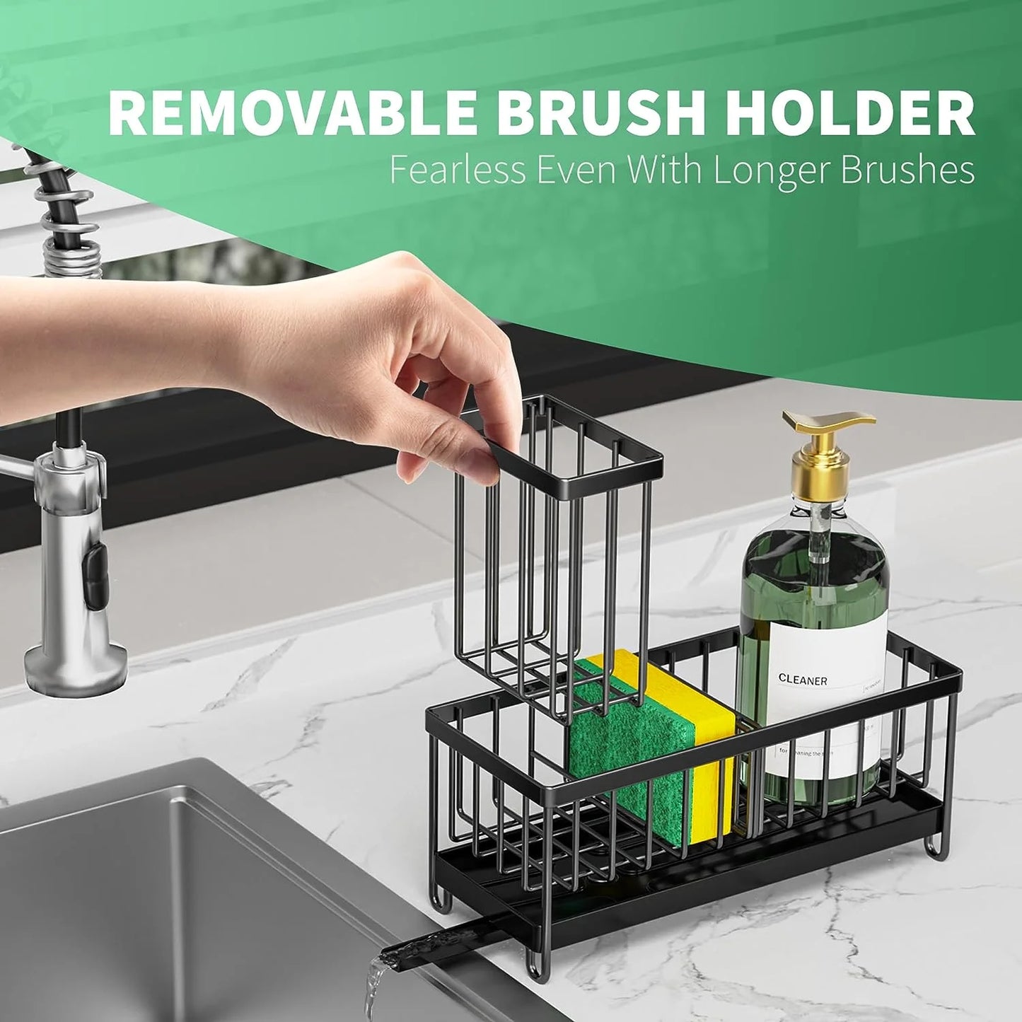 Sink Caddy Kitchen Organizer, Sponge Holder for Kitchen Sink, Black Kitchen Sink Organizer,Rust-Resistant Sink with Brush Holder,Kitchen Accessories