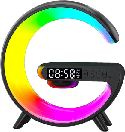 G-Shaped Alarm Clock, LED Lamp Smart G Bluetooth Speaker Wireless Fast Charger RGB Alarm Clock Atmosphere Night Light, Black