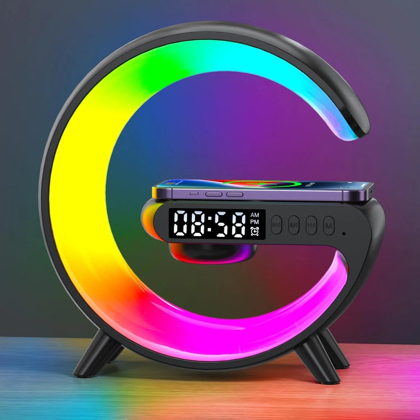 G-Shaped Alarm Clock, LED Lamp Smart G Bluetooth Speaker Wireless Fast Charger RGB Alarm Clock Atmosphere Night Light, Black