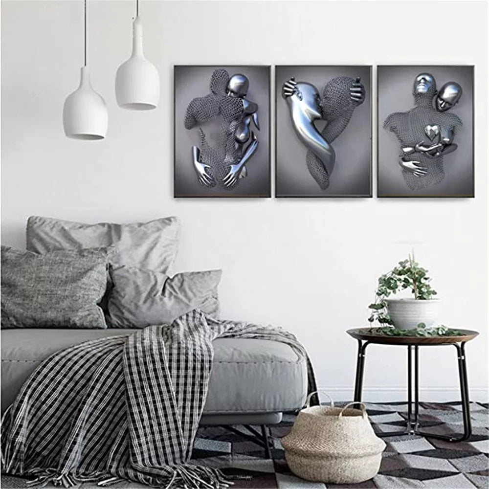 Bedroom Wall Decor, Romantic Couple Living Room Canvas Wall Art, Love Heart 3D Metal Sculpture Effect, Black and White Modern Abstract Lovers Painting Picture Poster Prints for Bathroom Hotel