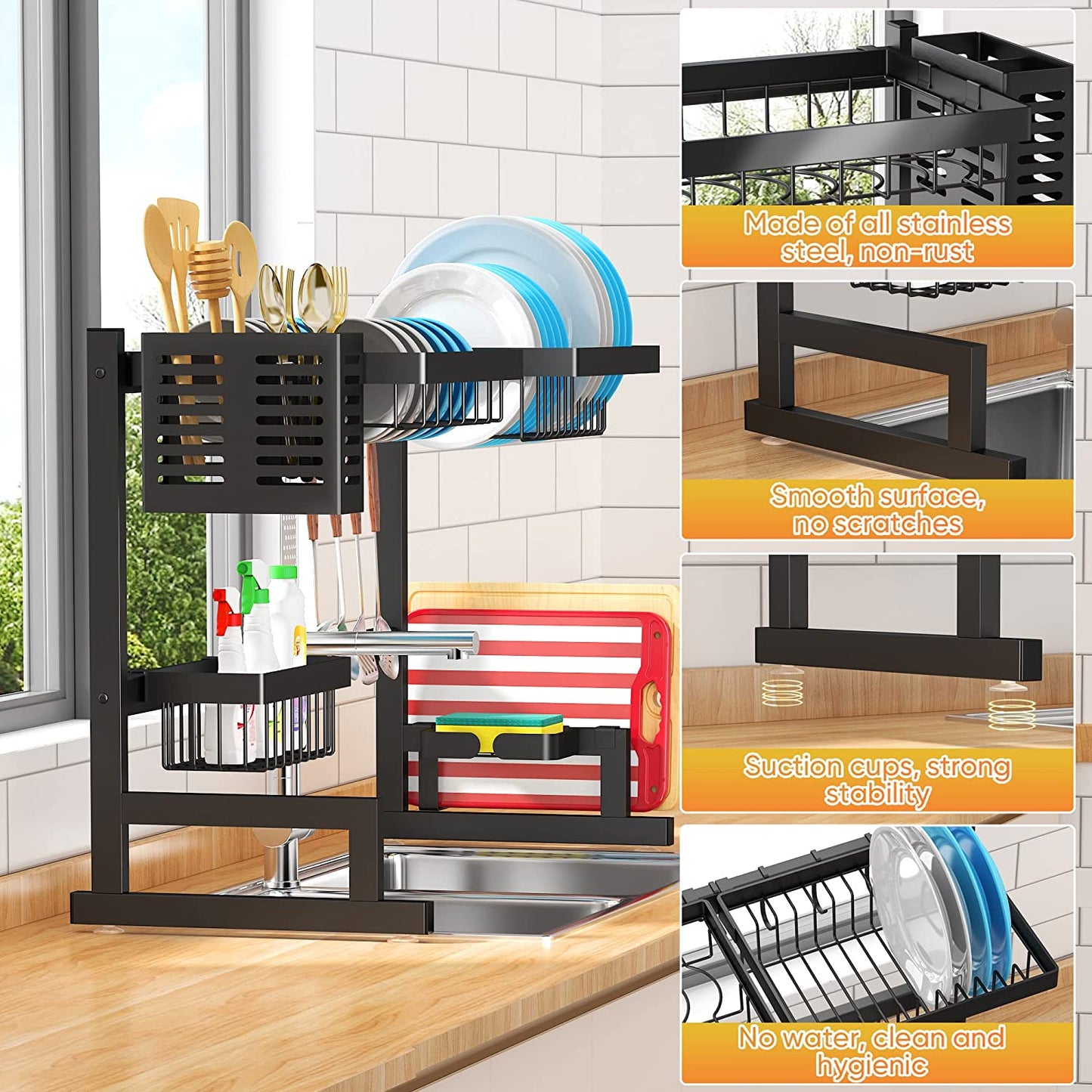 Over Sink(24"-40") Dish Drying Rack, Adjustable Cutlery Holders Drainer Shelf for Kitchen Supplies Storage Counter Organizer Stainless Steel Display- Space save Must Have (24≤Sink Size≤40Inch, Black)