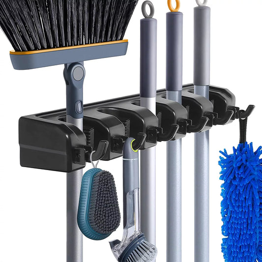 Mop Broom Holder Wall Mount, Plastic Broom Organizer Wall Mount, Organizations and Storage with Hooks Heavy Duty, Garden Kitchen Tool Organizer for Home Cleaning Supplies (5 Positions & Black)