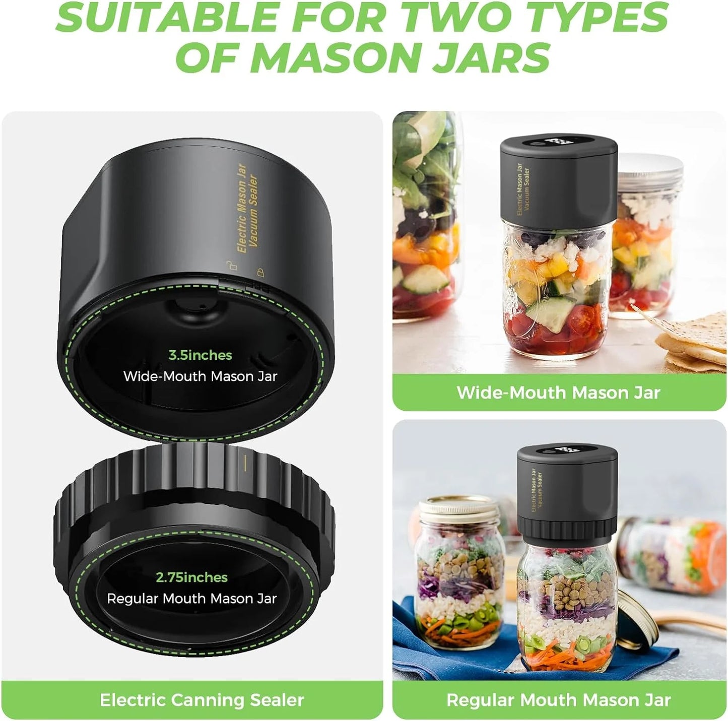 Mason Jar Vacuum Sealer Kit: Electric Jars Vacuum Sealer with Canning Attachment - Handheld Vacuum Sealing Containers - Fits Wide & Regular Mouth Mason Lids - Compatible with Food Saver Storage