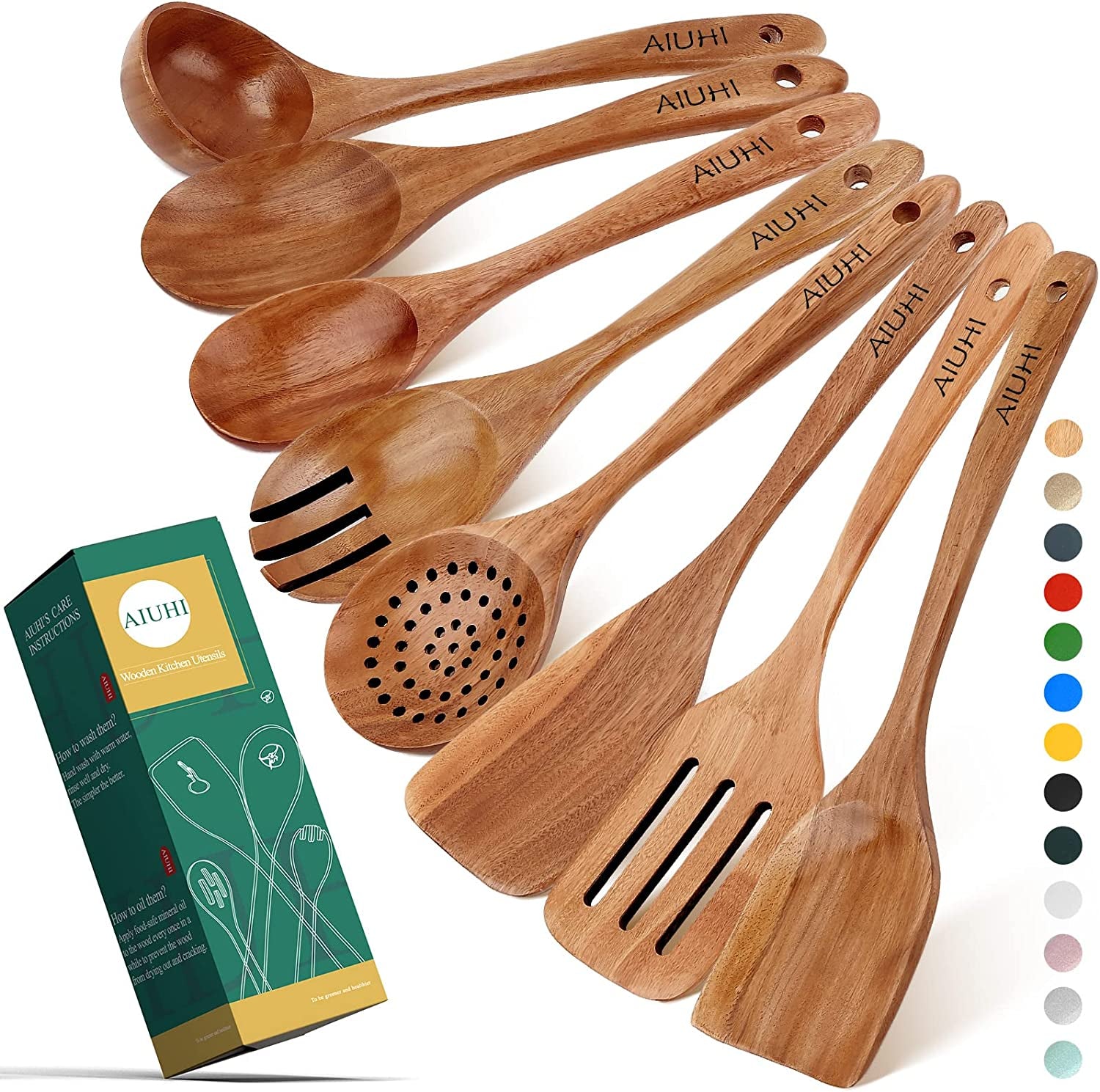 Wooden Spoons for Cooking,Nonstick Kitchen Utensil Set,Wooden Spoons Cooking Utensil Set Non Scratch Natural Teak Wooden Utensils for Cooking(Teak 8 Pack)